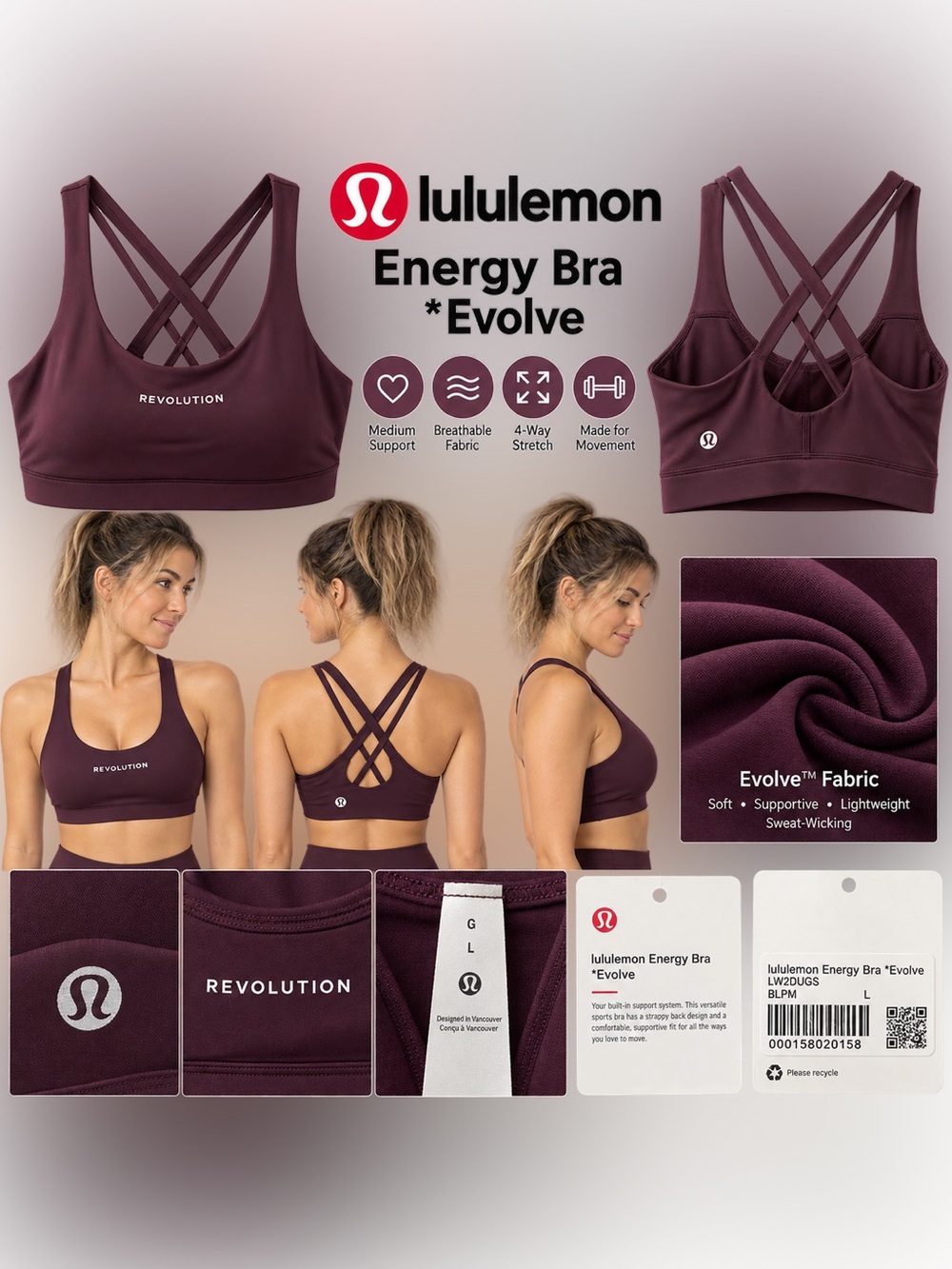 lululemon athletica Energy Bra Evolve - Deep Burgundy